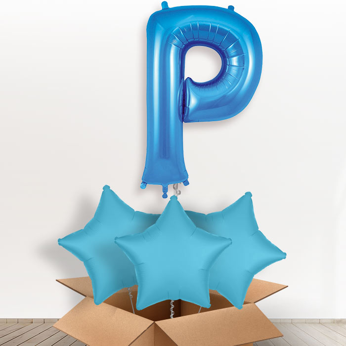 Personalised Letter P Helium Balloon in a Box - Blue - Giant Letter and 3 Balloons | Party Save Smile
