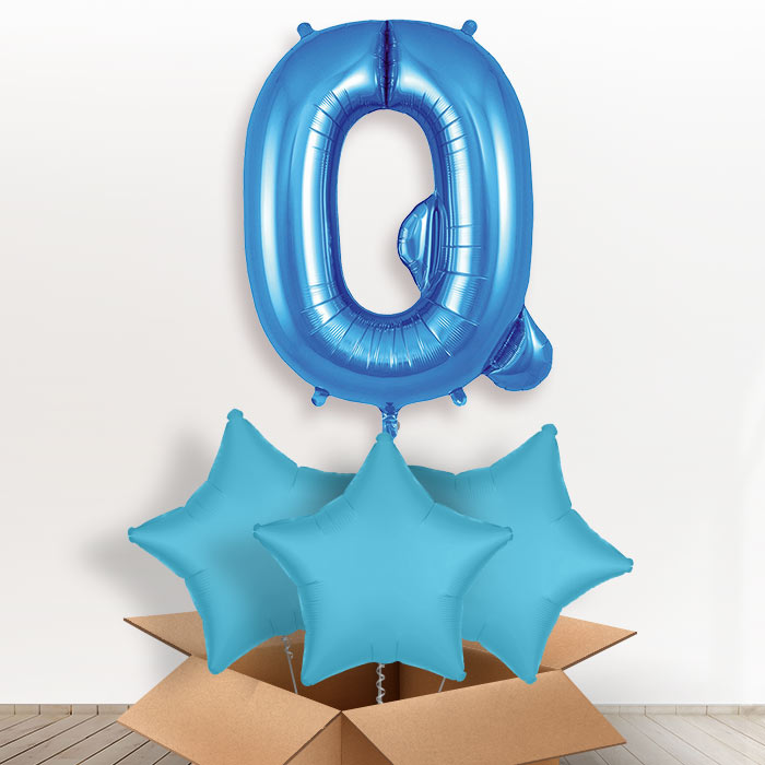 Personalised Q Helium Balloon in a Box - Blue - Giant Letter and 3 Balloons | Party Save Smile