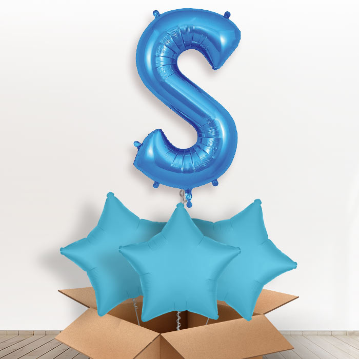 Personalised S Helium Balloon in a Box - Blue - Giant Letter and 3 Balloons | Party Save Smile