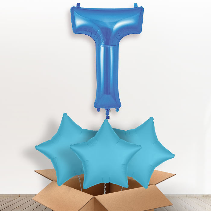Personalised Letter T Helium Balloon in a Box - Blue - Giant Letter and 3 Balloons | Party Save Smile