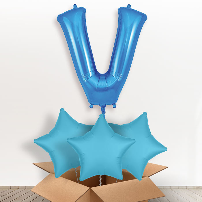 Personalised V Helium Balloon in a Box - Blue - Giant Letter and 3 Balloons | Party Save Smile