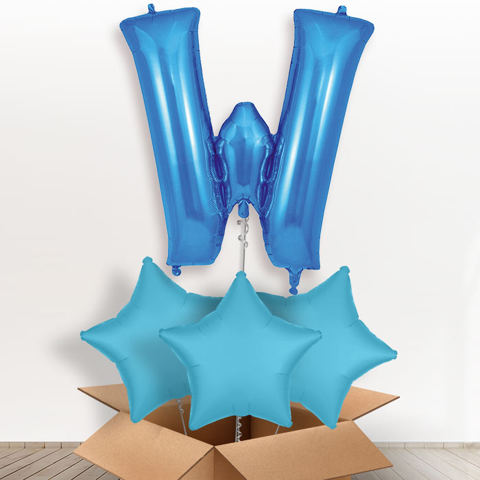 Personalised W Helium Balloon in a Box - Blue - Giant Letter and 3 Balloons | Party Save Smile