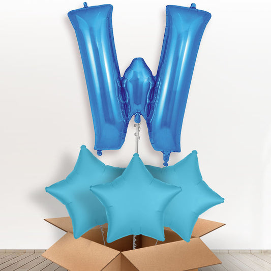 Personalised W Helium Balloon in a Box - Blue - Giant Letter and 3 Balloons | Party Save Smile