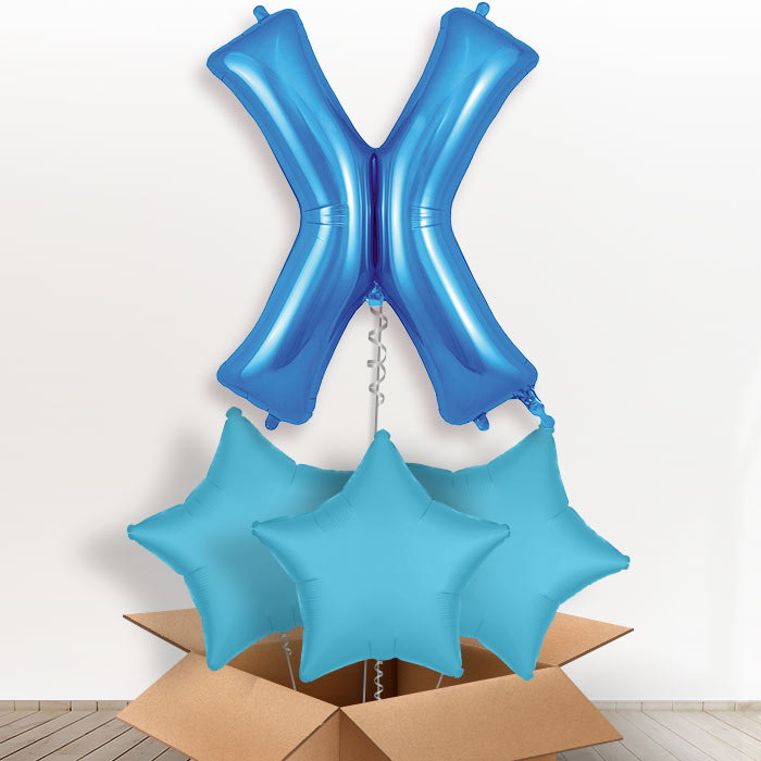 Personalised Letter X Helium Balloon in a Box - Blue - Giant Letter and 3 Balloons | Party Save Smile