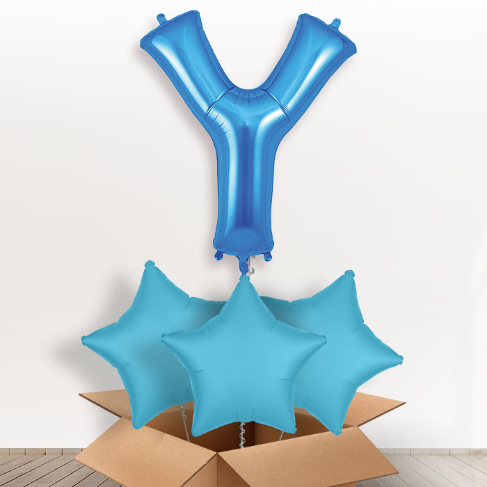 Personalised Y Helium Balloon in a Box - Blue - Giant Letter and 3 Balloons | Party Save Smile