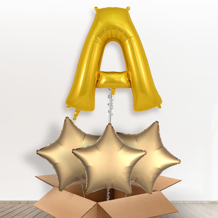 Personalised Gold A Helium Balloon in a Box - Giant Letter and 3 Balloons | Party Save Smile