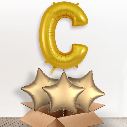 Personalised C Helium Balloon in a Box - Gold - Giant Letter and 3 Balloons | Party Save Smile