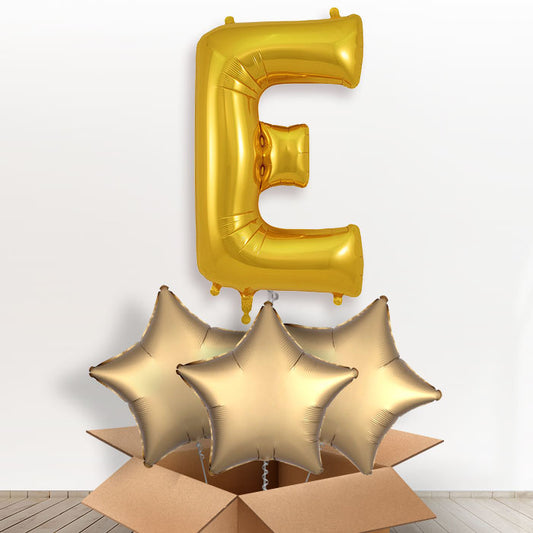 Personalised Letter E Helium Balloon in a Box - Gold - Giant Letter and 3 Balloons | Party Save Smile