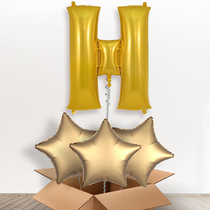 Personalised H Helium Balloon in a Box - Gold - Giant Letter and 3 Balloons | Party Save Smile