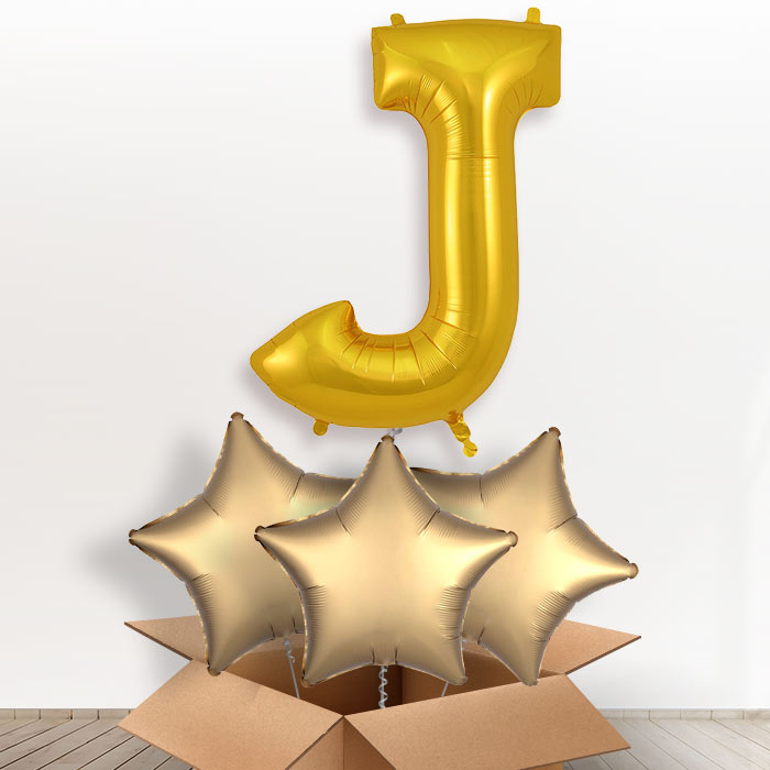 Personalised Letter J Helium Balloon in a Box - Gold - Giant Letter and 3 Balloons | Party Save Smile