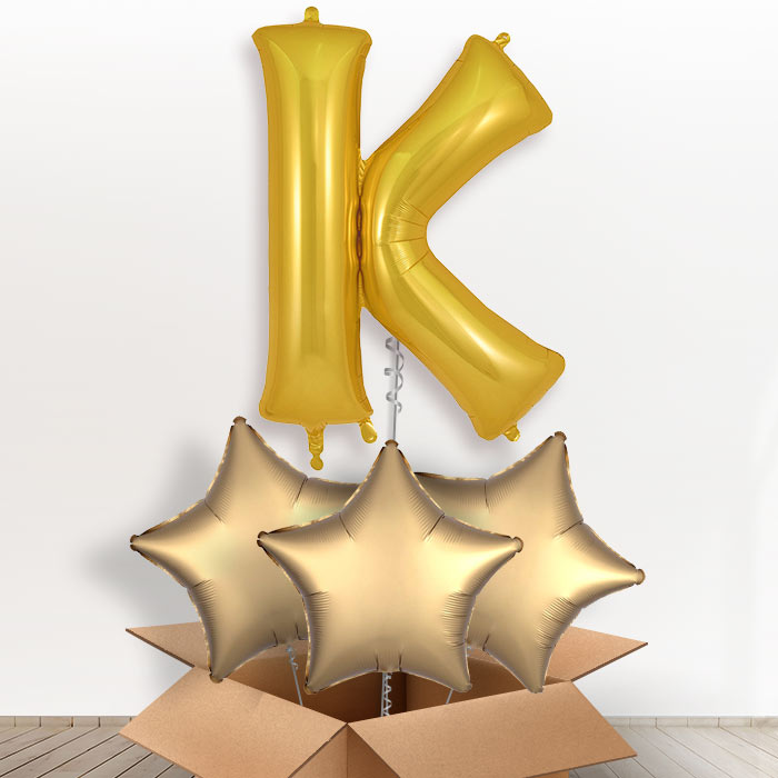 Personalised K Helium Balloon in a Box - Gold - Giant Letter and 3 Balloons | Party Save Smile