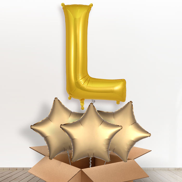 Personalised Helium Balloon Letter L in a Box - Gold - Giant Letter and 3 Balloons | Party Save Smile