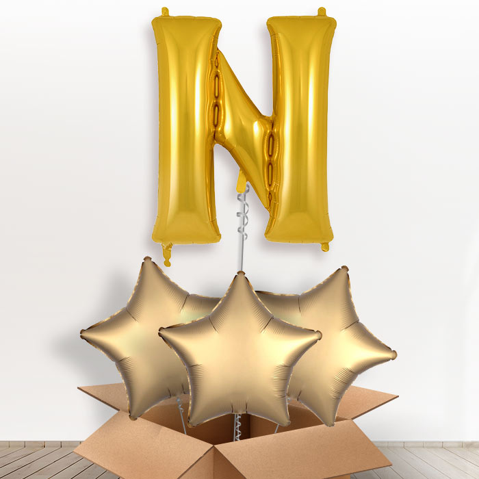Personalised Letter N Helium Balloon in a Box - Gold - Giant Letter and 3 Balloons | Party Save Smile