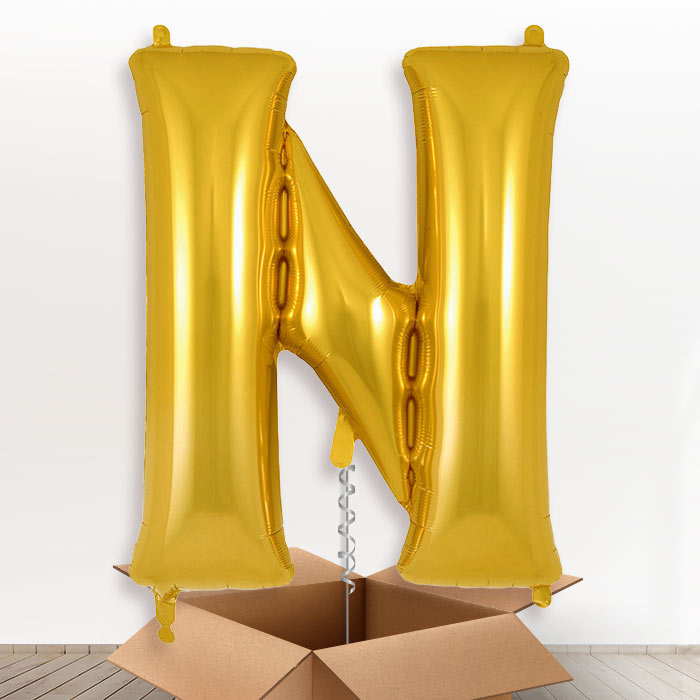 Personalised Letter N Helium Balloon in a Box - Gold - Giant Letter | Party Save Smile