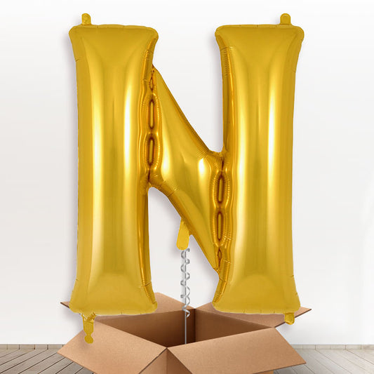 Personalised Letter N Helium Balloon in a Box - Gold - Giant Letter | Party Save Smile