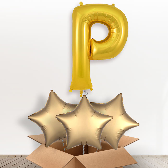 Personalised Helium Balloon Letter P in a Box - Gold - Giant Letter and 3 Balloons | Party Save Smile