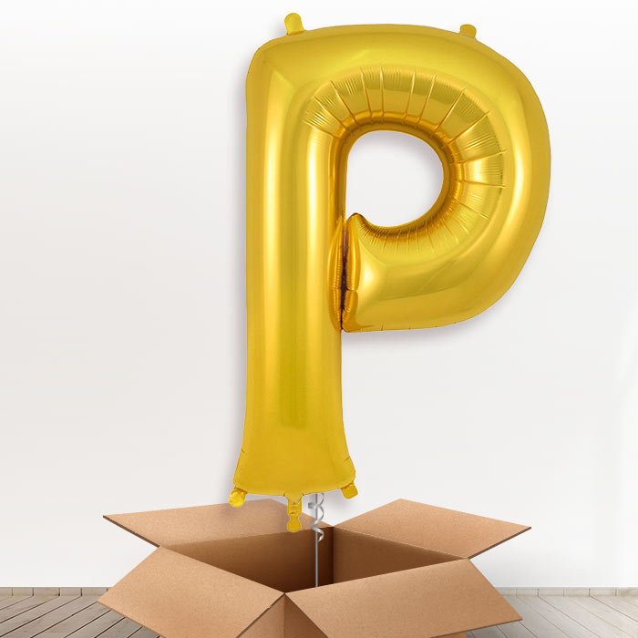 Personalised Helium Balloon Letter P in a Box - Gold - Giant Letter | Party Save Smile