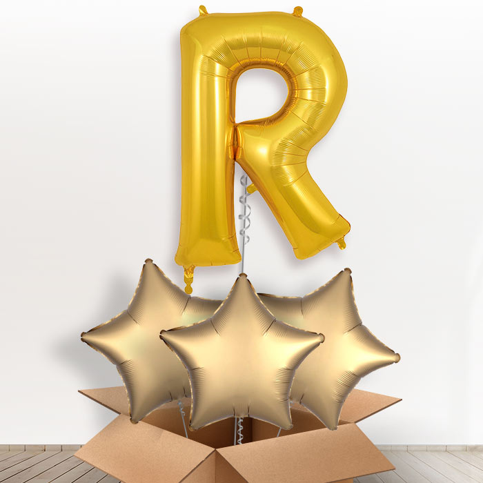 Personalised Letter R Helium Balloon in a Box - Gold - Giant Letter and 3 Balloons | Party Save Smile