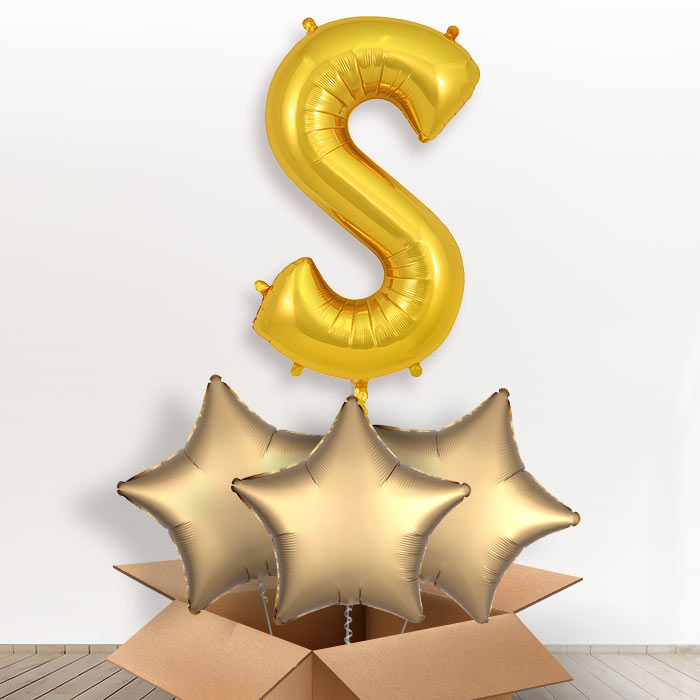 Personalised Helium Balloon S in a Box - Gold - Giant Letter and 3 Balloons | Party Save Smile