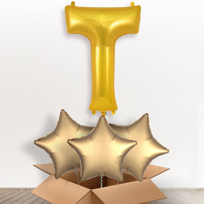 Personalised T Helium Balloon in a Box - Gold - Giant Letter and 3 Balloons | Party Save Smile