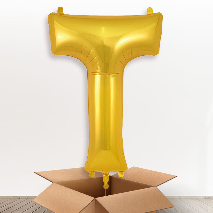 Personalised T Helium Balloon in a Box - Gold - Giant Letter | Party Save Smile