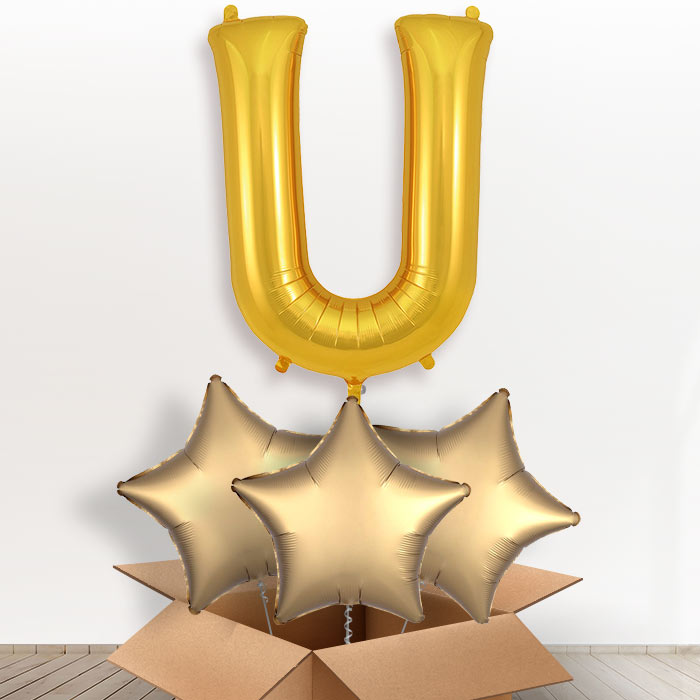 Personalised Letter U Helium Balloon in a Box - Gold - Giant Letter and 3 Balloons | Party Save Smile