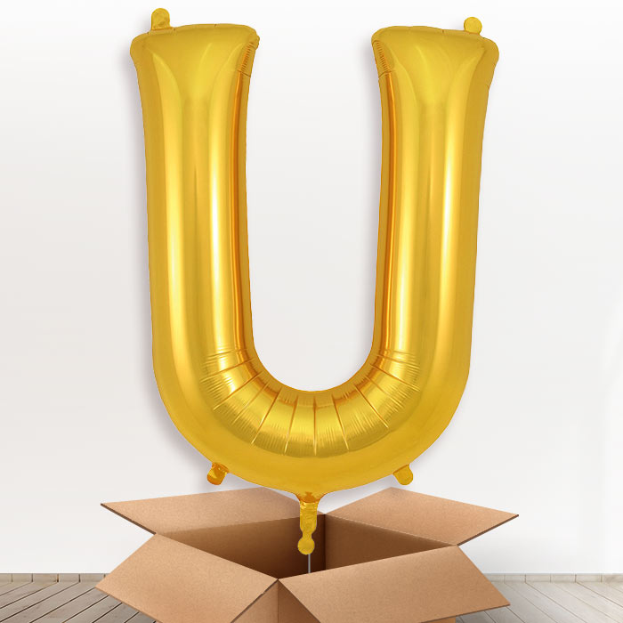 Personalised Letter U Helium Balloon in a Box - Gold - Giant Letter | Party Save Smile