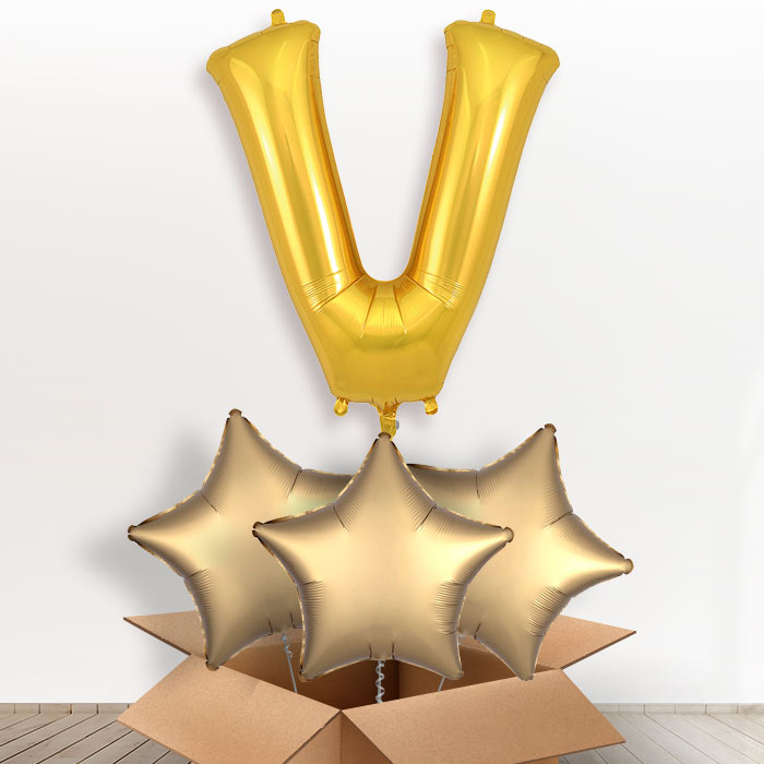 Personalised V Helium Balloon in a Box - Gold - Giant Letter and 3 Balloons | Party Save Smile