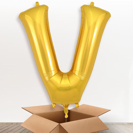 Personalised V Helium Balloon in a Box - Gold - Giant Letter | Party Save Smile