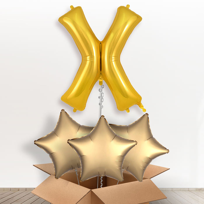 Personalised X Helium Balloon in a Box - Gold - Giant Letter and 3 Balloons | Party Save Smile