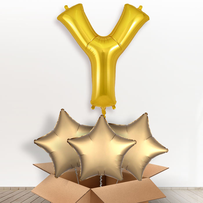 Personalised Letter Y Helium Balloon in a Box - Gold - Giant Letter and 3 Balloons | Party Save Smile