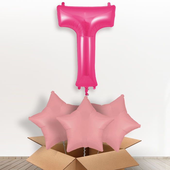 Personalised Letter T Helium Balloon in a Box - Pink - Giant Letter and 3 Balloons | Party Save Smile