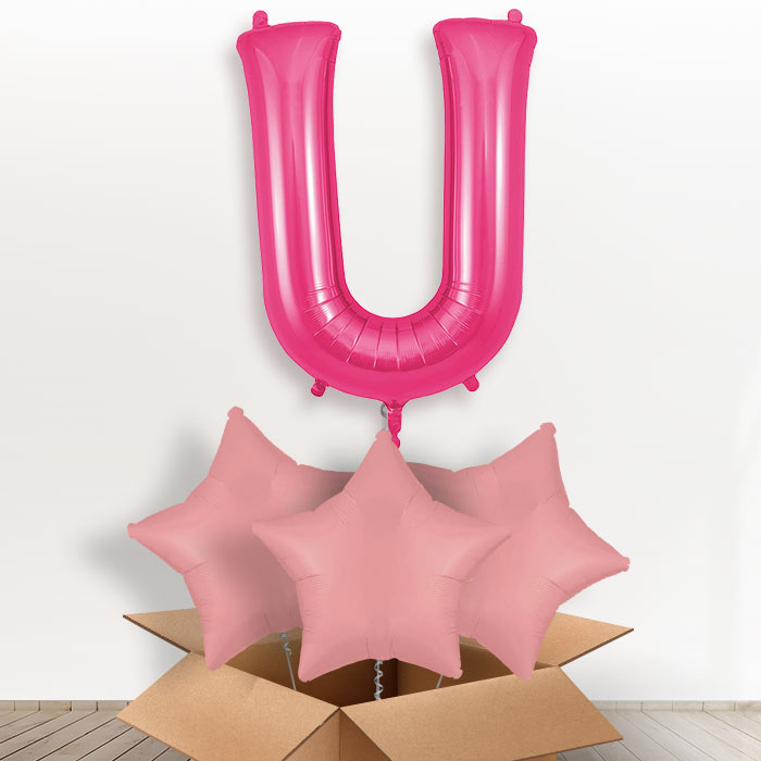 Personalised U Helium Balloon in a Box - Pink - Giant Letter and 3 Balloons | Party Save Smile