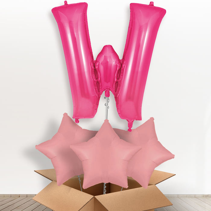 Personalised W Helium Balloon in a Box - Pink - Giant Letter and 3 Balloons | Party Save Smile