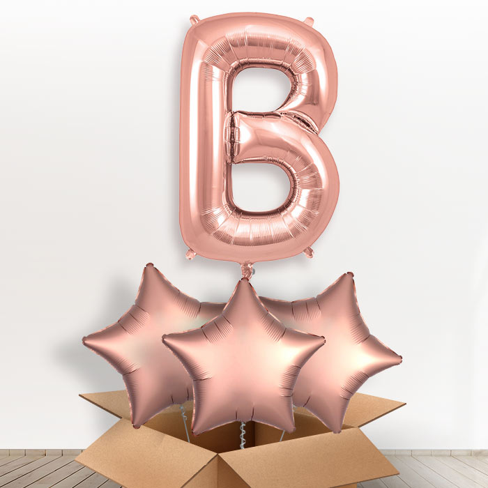 Personalised Letter B Helium Balloon in a Box - Rose Gold - Giant Letter and 3 Balloons | Party Save Smile