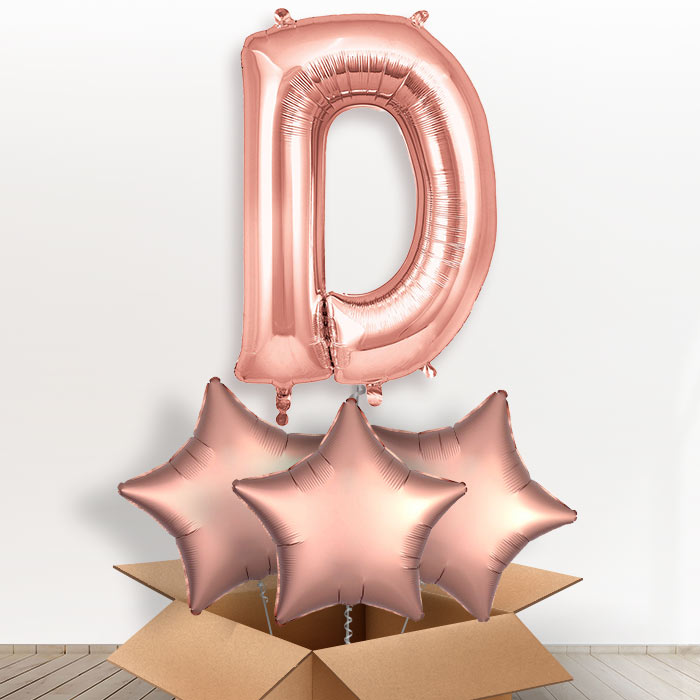 Personalised Letter D Helium Balloon in a Box - Rose Gold - Giant Letter and 3 Balloons | Party Save Smile