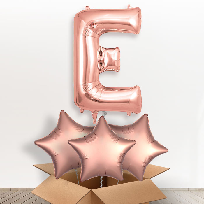 Personalised Letter E Helium Balloon in a Box - Rose Gold - Giant Letter and 3 Balloons | Party Save Smile