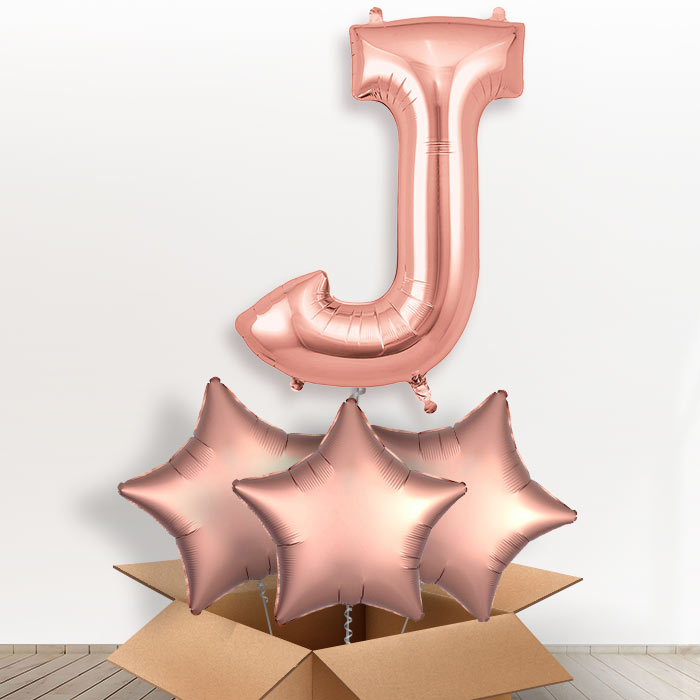 Personalised Letter J Helium Balloon in a Box - Rose Gold - Giant Letter and 3 Balloons | Party Save Smile