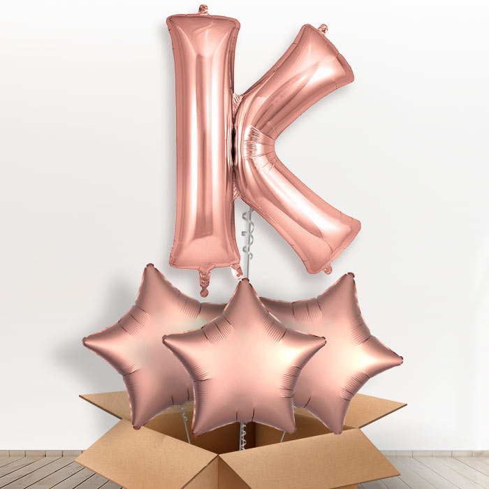 Personalised K Letter Helium Balloon in a Box - Rose Gold - Giant Letter and 3 Balloons | Party Save Smile
