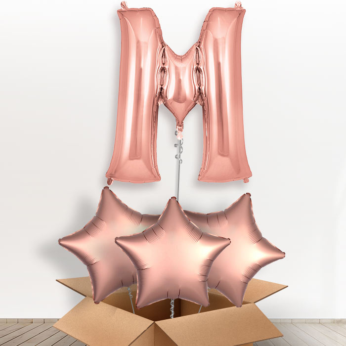 Personalised M Helium Balloon in a Box - Rose Gold - Giant Letter and 3 Balloons | Party Save Smile