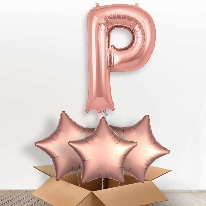 Personalised P Helium Balloon in a Box - Rose Gold - Giant Letter and 3 Balloons | Party Save Smile