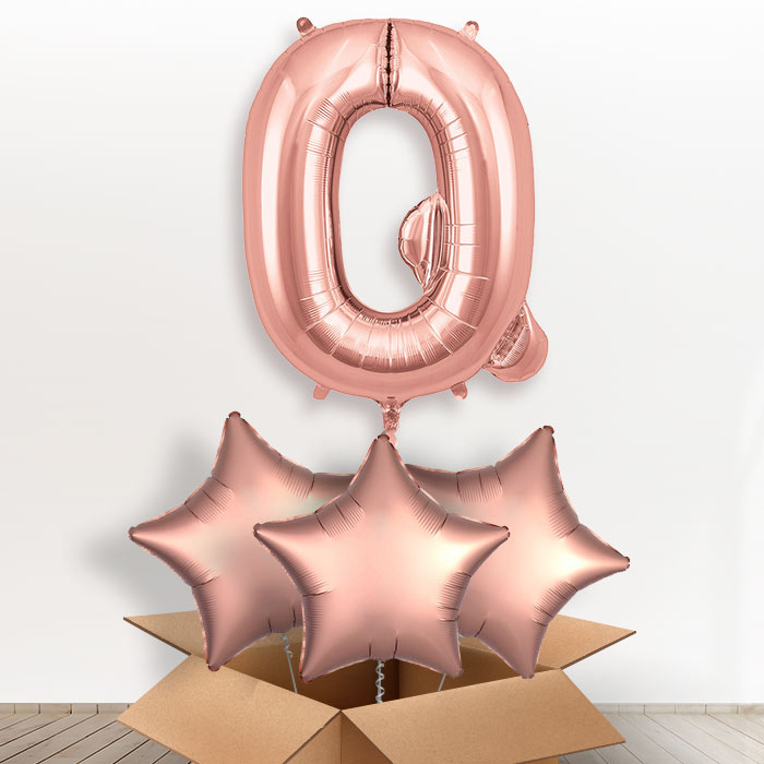 Personalised Q Helium Balloon in a Box - Rose Gold - Giant Letter and 3 Balloons | Party Save Smile