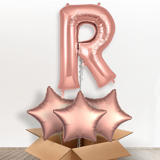 Personalised R Helium Balloon in a Box - Rose Gold - Giant Letter and 3 Balloons | Party Save Smile