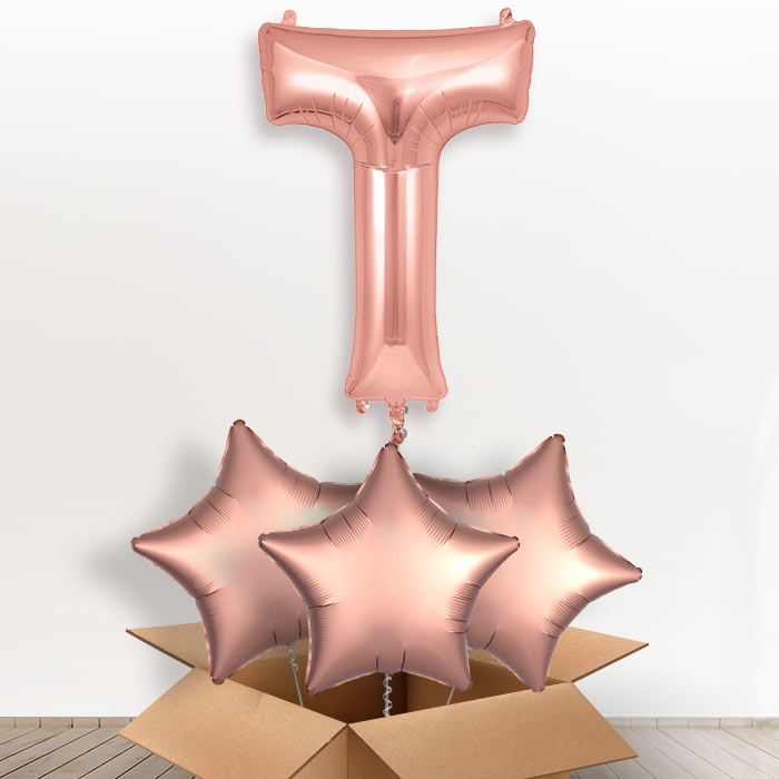 Personalised T Helium Balloon in a Box - Rose Gold - Giant Letter and 3 Balloons | Party Save Smile