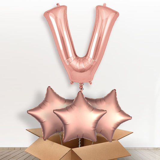 Personalised V Helium Balloon in a Box - Rose Gold - Giant Letter and 3 Balloons | Party Save Smile