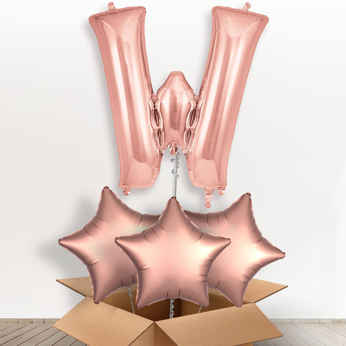 Personalised W Helium Balloon in a Box - Rose Gold - Giant Letter and 3 Balloons | Party Save Smile