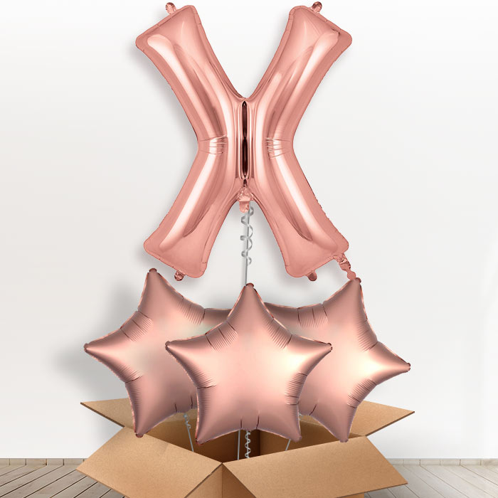 Personalised X Helium Balloon in a Box - Rose Gold - Giant Letter and 3 Balloons | Party Save Smile