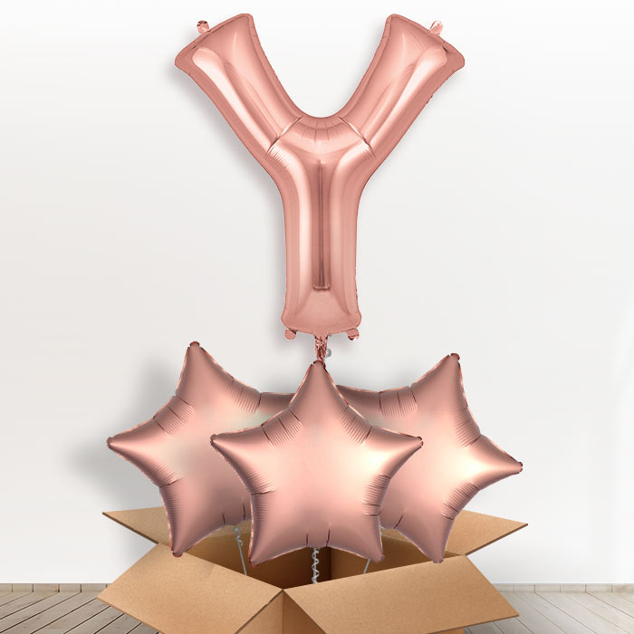 Personalised Y Helium Balloon in a Box - Rose Gold - Giant Letter and 3 Balloons | Party Save Smile