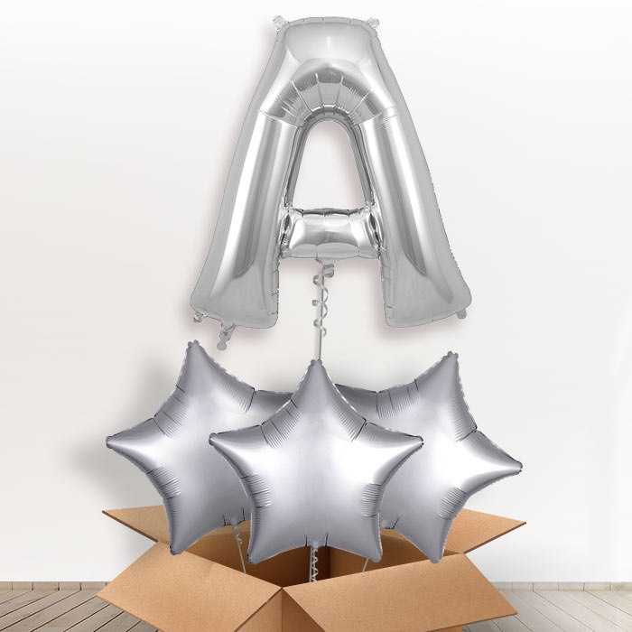 Personalised Letter A Helium Balloon in a Box - Silver - Giant Letter and 3 Balloons | Party Save Smile