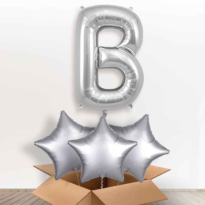 Personalised Letter B Helium Balloon in a Box - Silver - Giant Letter and 3 Balloons | Party Save Smile